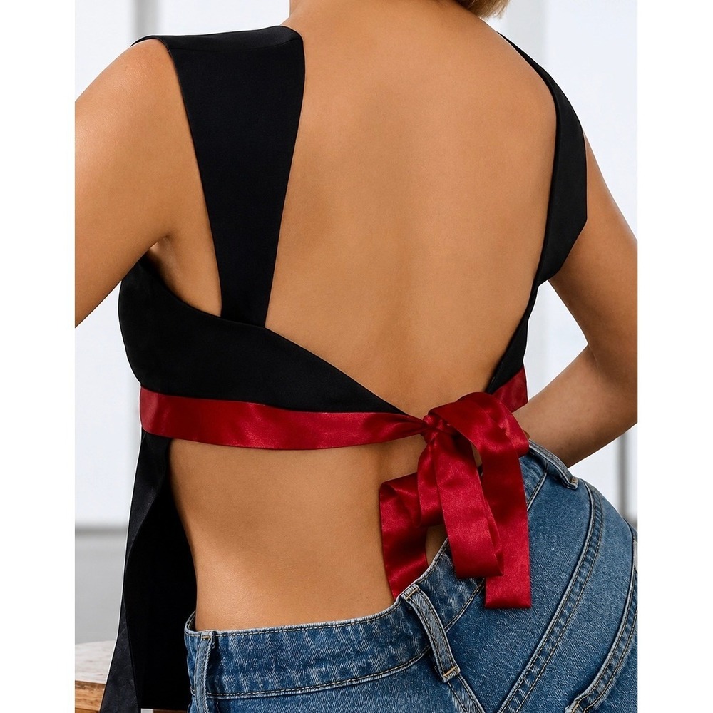 Enduring Kairos Womens Black Satin Casabella Top Red Ribbon Sash Open Back Small